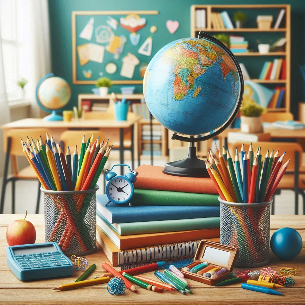 An image representing school supplies like a book, pencil, and ruler